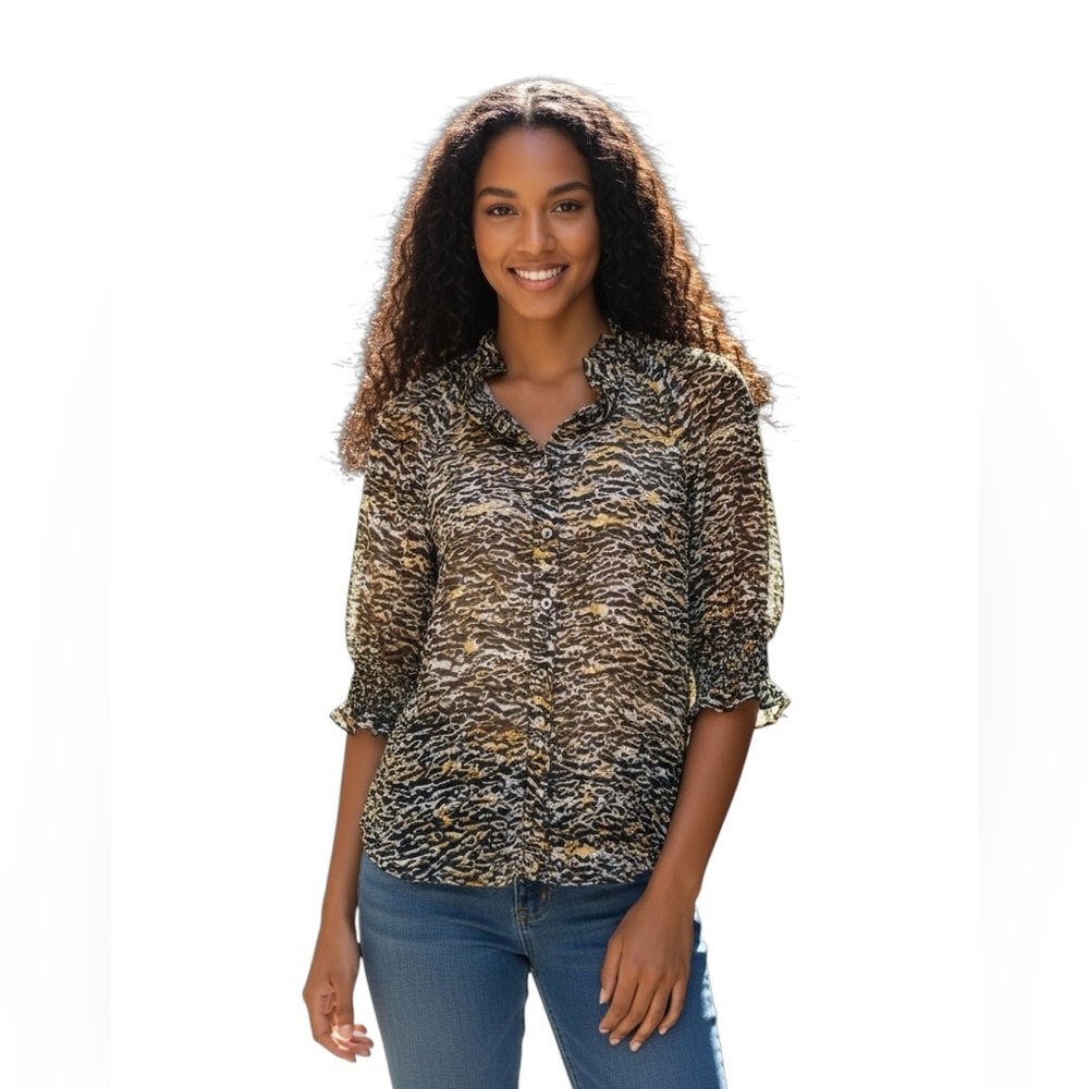 Saloni Silk sheer animal print, contemporary, corp core, shirt sleeve shirt